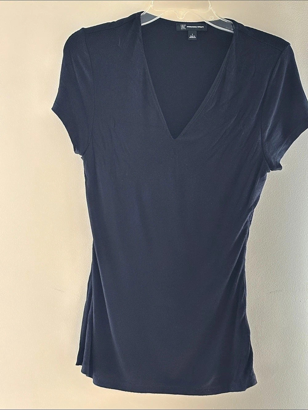 INC International Concepts V-Neck Short Sleeve Top in Black Size Large